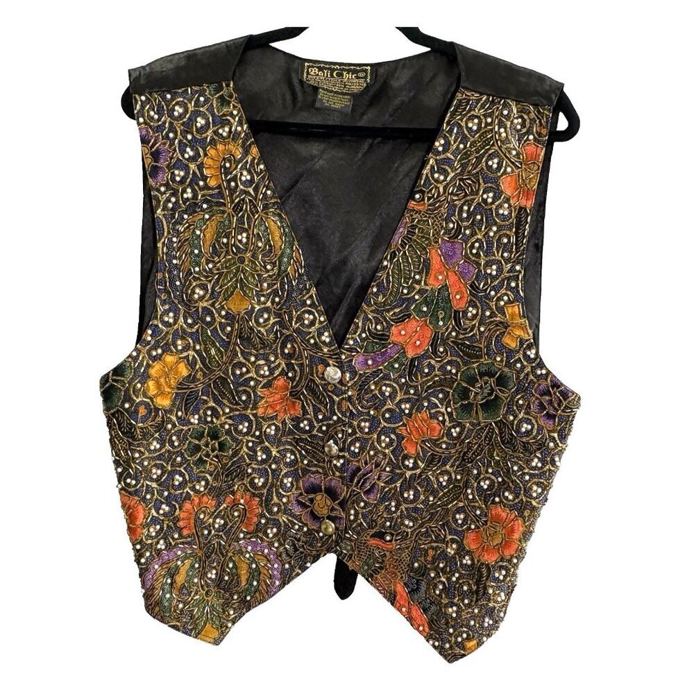 BALI CHIC Women Beaded Vest One Size Multicolor Button Sleeveless Tie Back 22-4